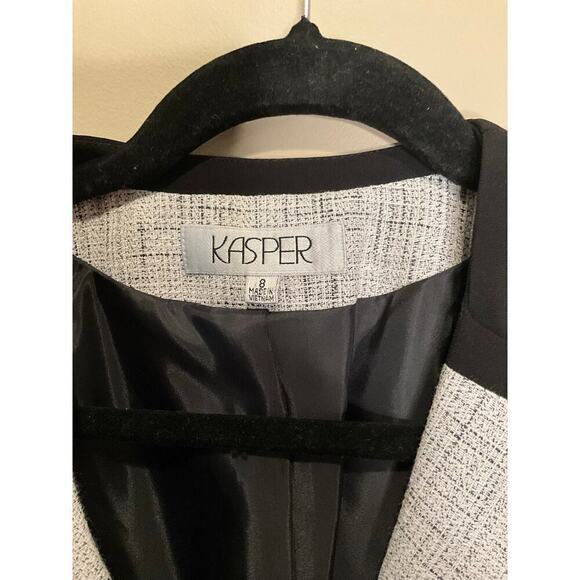 Kasper Tweed Blazer Jacket One Button Peak Lapel Black Trim Gray Womens Size 8 - Picture 7 of 8